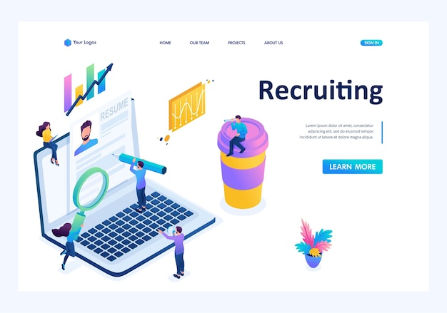 Isometric search for employees on the Internet recruiting concept bright color Landing page concepts and web design