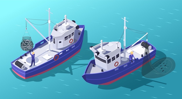 Isometric seiner hunting fish Concept of industry ship in working process Commercial and Industrial fishing Vector graphic illustration