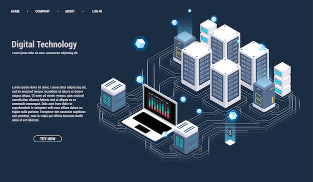 Isometric Server room and big data processing concept, datacenter and data base icon