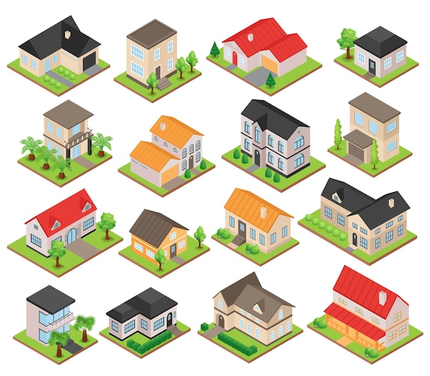 Isometric set of 3d one and two storeyed private houses with colorful roofs isolated vector illustration