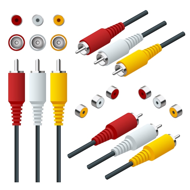 Isometric set of Audio Video Cable input connections RCA cable View straight and isometric