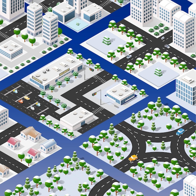 Isometric set of blocks module of areas of the city construction of the perspective city of design of the urban environment.