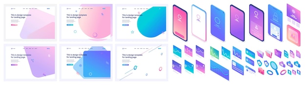 Isometric set of icons and templates to create a landing page design Bright design for advertising concepts and web design development