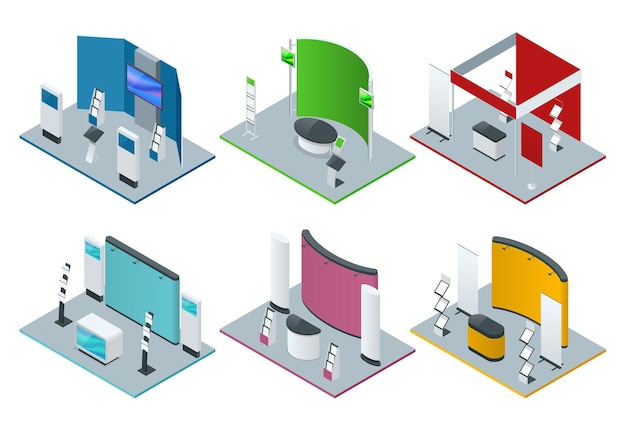 Vector isometric set of promotional stands or exhibition stands including display desks shelves and handout. vector illustration