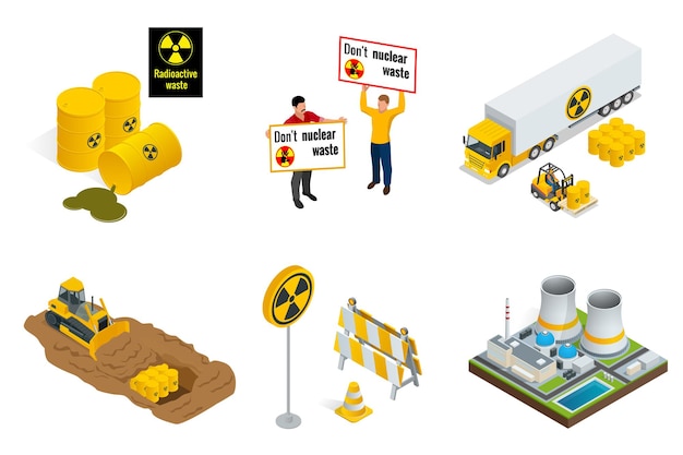 Isometric set of Radioactive waste elements. People protest, barrels, transportation, power station or reactors, tractor digs in drums with radioactive waste. Flat 3d vector isometric illustration.