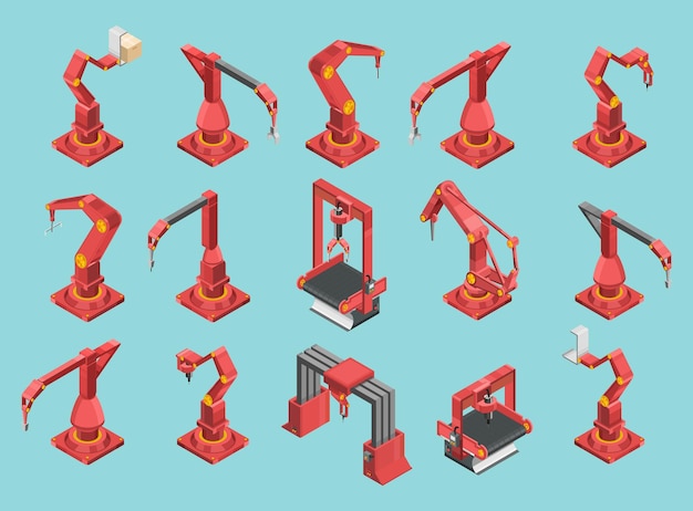 Vector isometric set of red and grey conveyor machines with robotic hands automatic equipment industry tec