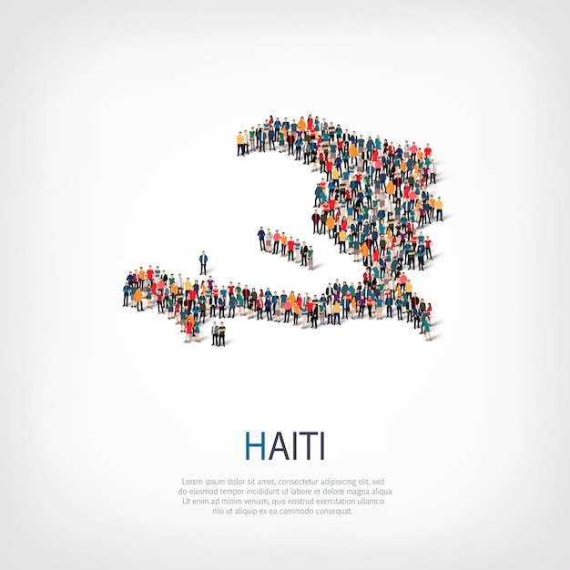 Isometric set of styles, people, map of Haiti, country, web infographics concept of crowded space. Crowd point group forming a predetermined shape. Creative people. 