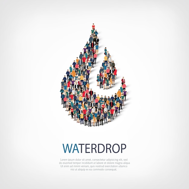 Isometric set of styles, waterdrop, web infographics concept illustration of a crowded square. Crowd point group forming a predetermined shape. Creative people.