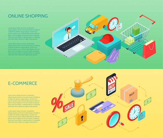 Isometric shopping ecommerce horizontal banner set with online shopping and ecommerce descriptions vector illustration 