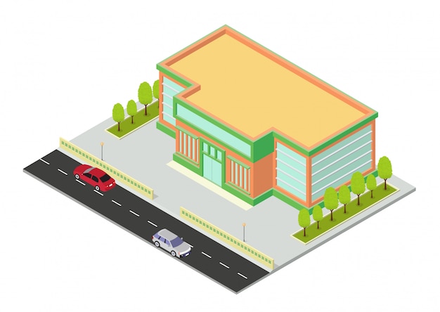 Isometric shopping mall or supermarket building icon