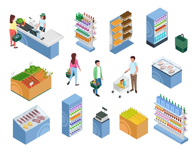 Isometric shopping people Customers with baskets trolley carts at supermarket checkout set