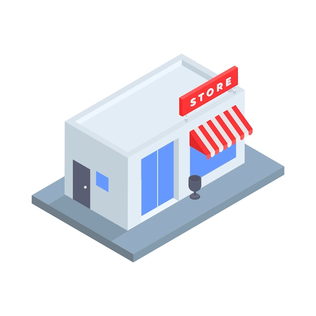 Isometric shopping store exterior with awning street board advertising minimalist 3d icon vector illustration Architecture business building facade Market supermarket mall commerce retail