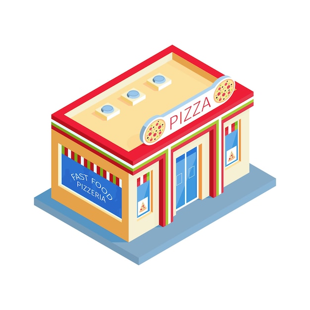 Isometric shops composition with isolated image of pizzeria building on blank background vector illustration