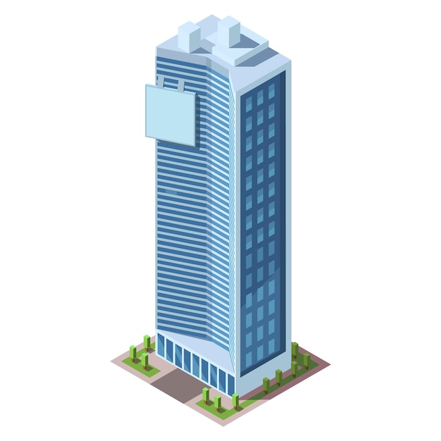 Isometric skyscraper building Business office and commercial towers City development in 3D design Finance cityscape architecture street elements for map Vector illustration