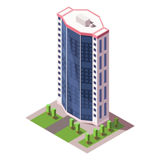 Isometric skyscraper building Business office and commercial towers City development in 3D design Finance cityscape architecture street elements for map Vector illustration