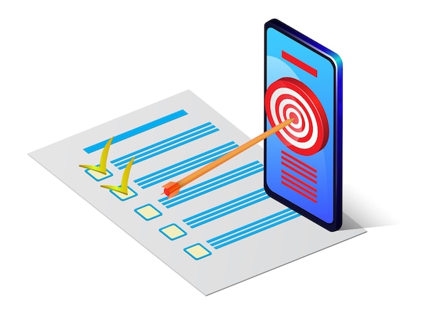 Isometric smartphone with target on screen and checklist on paper