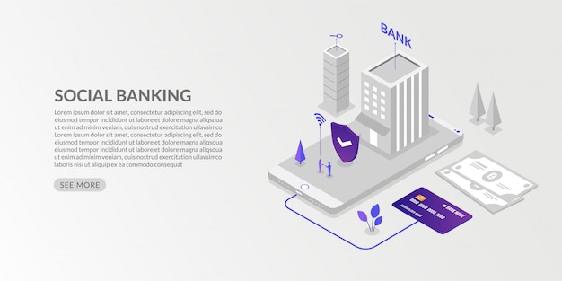 Isometric social banking concept, security online payments transaction