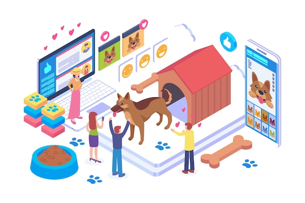 Isometric social media dog lover vector concept