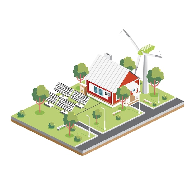 Isometric Solar Panels with Wind Turbine in Suburb Green Eco Friendly House