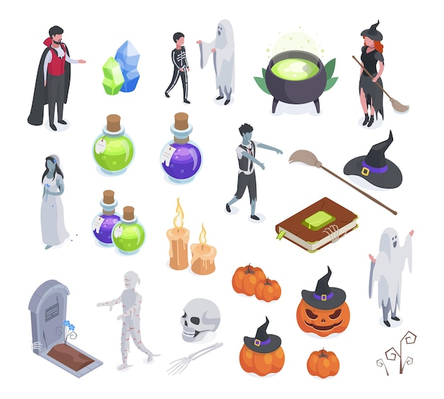 Isometric spooky halloween party mascots pumpkin ghost and spider vector symbols illustration set