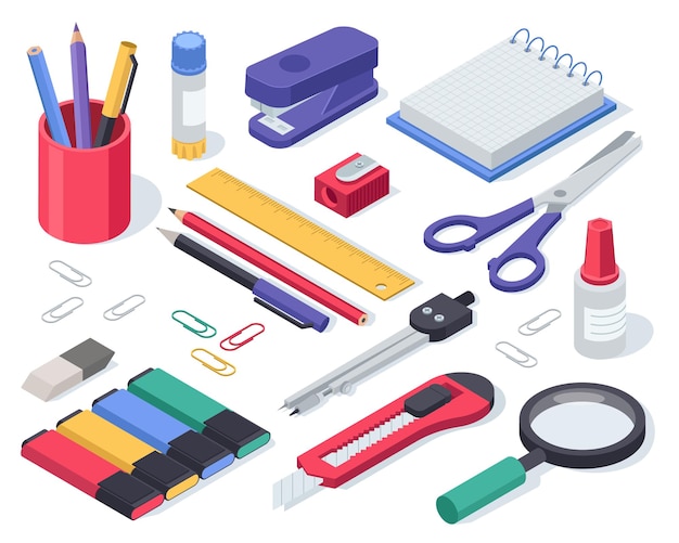 Isometric stationery school supplies glue notebook pen scissors stapler ruler eraser vector set