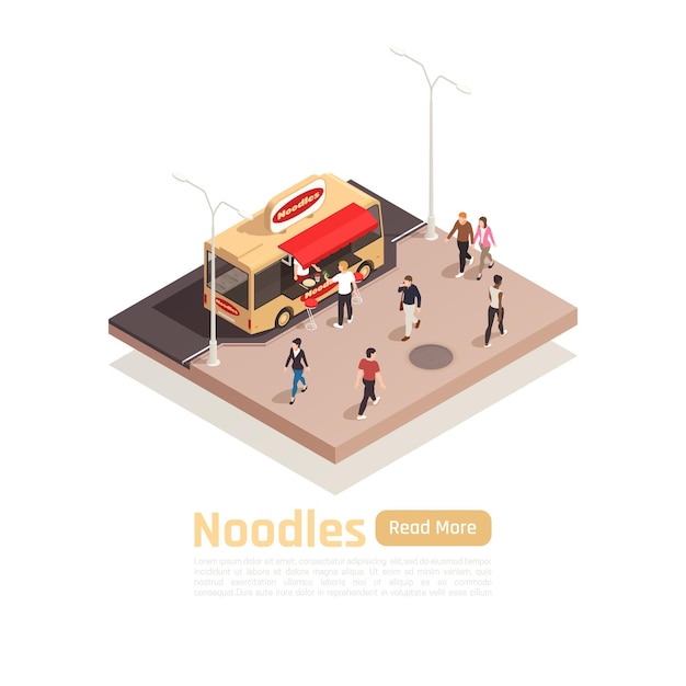 Isometric street carts trucks composition with noodles food truck and read more button banner