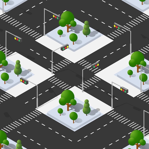 Isometric Street crossroads 3D illustration of the city quarter with streets