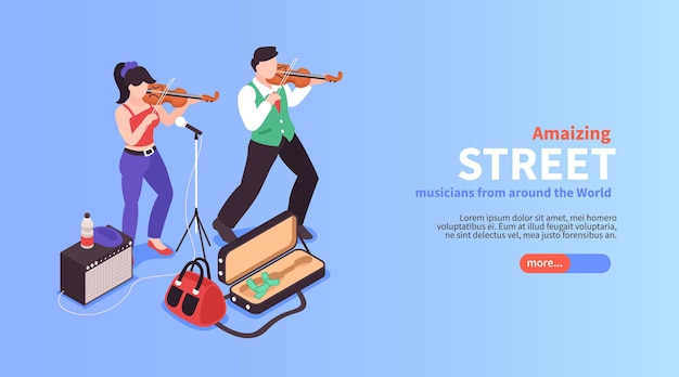 Isometric street musician horizontal banner composition with faceless doodle characters of violin players text and button