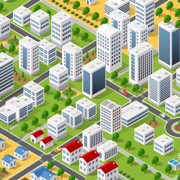 Isometric street people crossroads 3D illustration of a city block