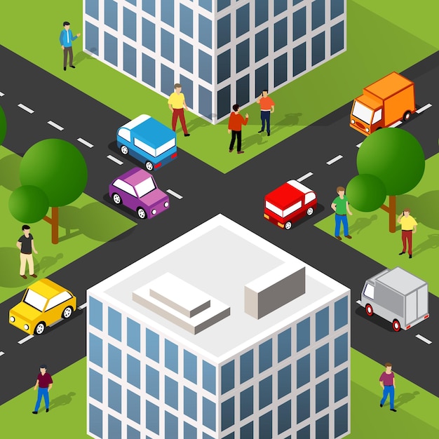 Isometric street people crossroads 3D illustration of a city