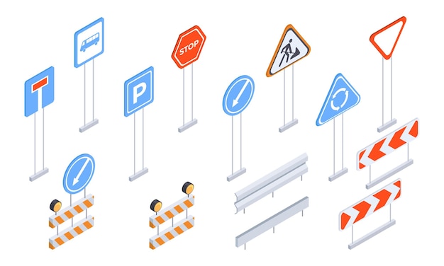 Isometric street road signs City road signs and traffic signposts urban city stop parking and dead end signs 3d vector illustration set