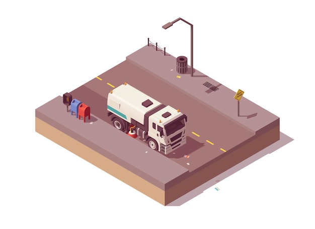 Isometric street sweeper truck cleaning the road. Vector illustration. Collection