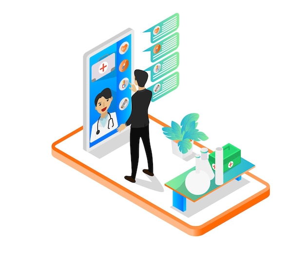 Isometric style illustration about buying medicine via smartphone