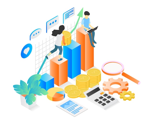 Isometric style illustration about financial investment business analysis