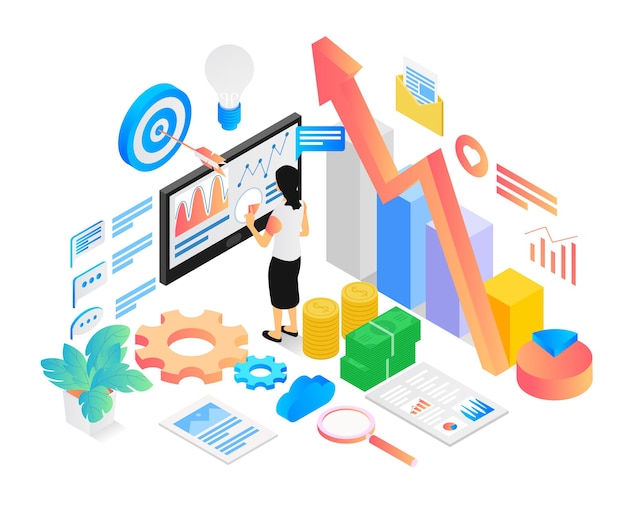 Isometric style illustration of data analysis business with characters and monitor or bar graph