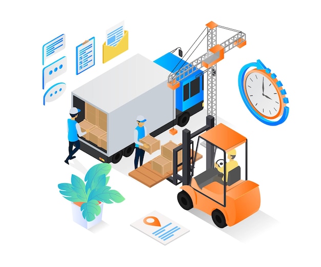 Vector isometric style illustration of delivery order with forklift and truck