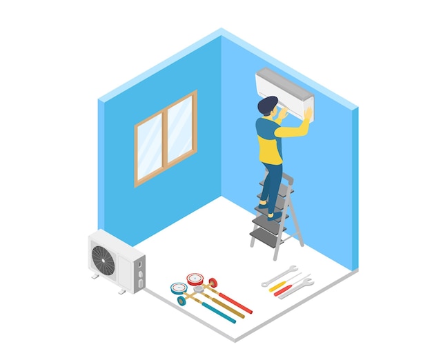 Vector isometric style illustration of a handyman installing an air condition