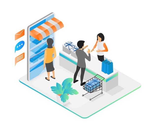 Isometric style illustration of online shop via smartphone