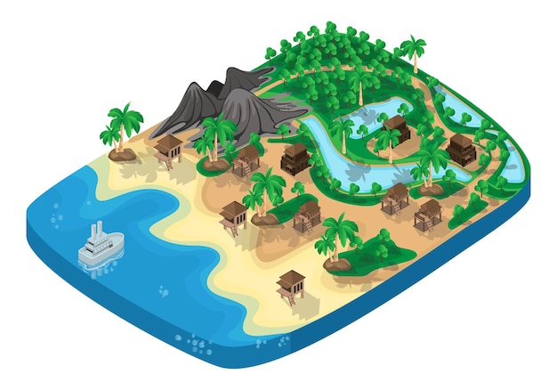 Isometric style illustration of seaside countryside map with plank houses and dirt road