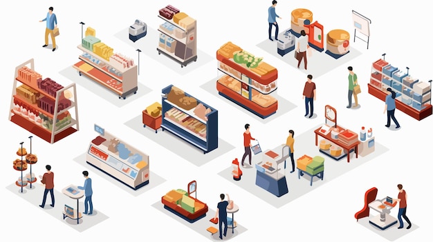 Isometric Supermarket Elements with Customer in Shopping Scene