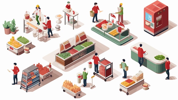 Isometric Supermarket Elements with Customer in Shopping Scene