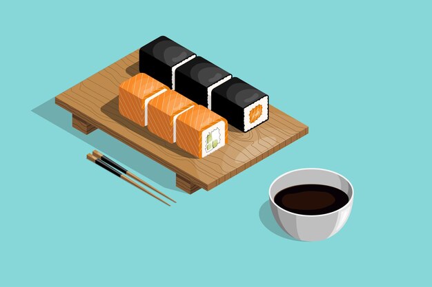 Vector isometric sushi set on a blue background. flat style