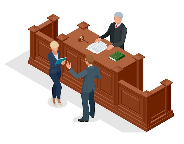 Vector isometric symbol of law and justice in the courtroom. vector illustration judge bench defendant attorneys audience. courtroom proceedings.