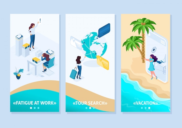 Isometric Template app concept girl goes from office to vacation via tablet, smartphone apps