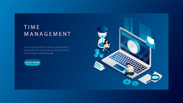 Isometric Time Management Concept. Website Landing Page. Business People Are Planning Their Working Time. Man And Woman Do Their Job On Time Following Deadlines. Web Page Cartoon Vector Illustration.