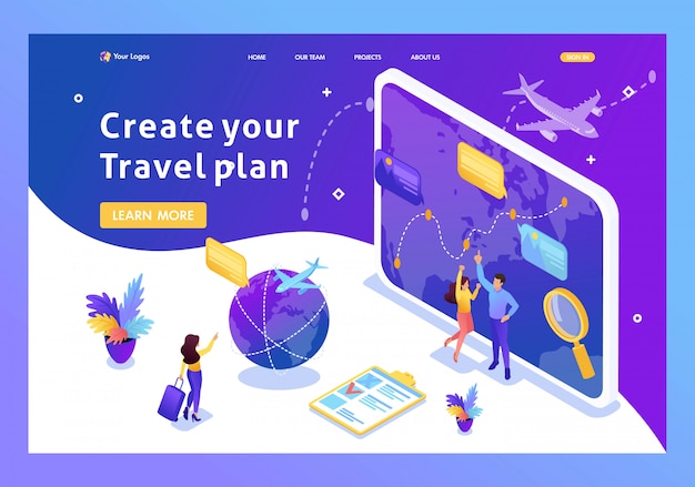 Isometric Tourists look at the globe and choose the direction to relax. Website Template Landing page