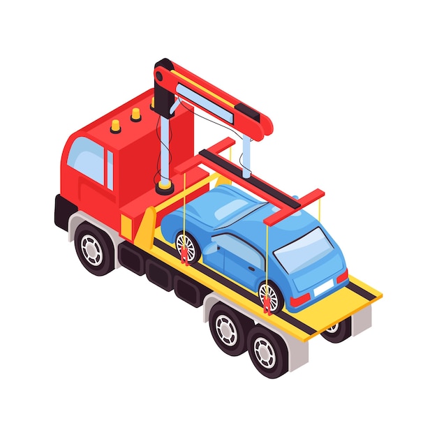 Vector isometric tow truck car vehicle transportation help road composition with isolated image vector illustration