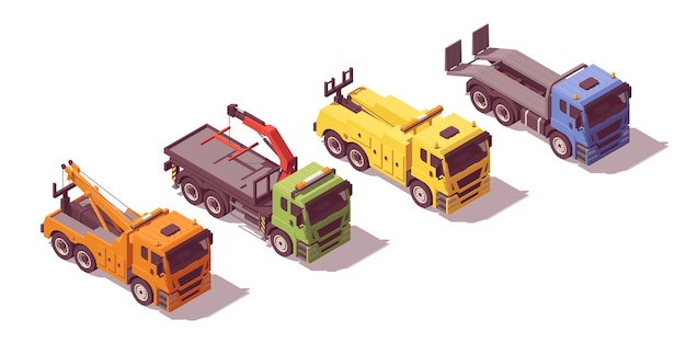 Isometric tow trucks set. Vector illustration. Collection