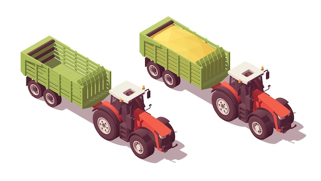 Isometric tractor set. Isolated low poly red tractors with green trailers for grass, hay &amp; straw on white backgroung. Vector illustrator. Collection