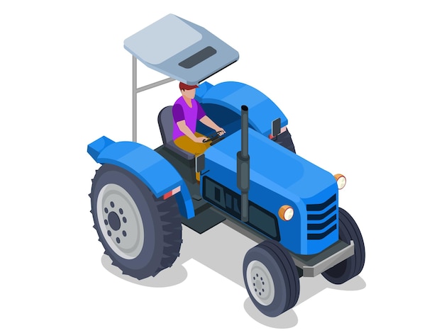 Isometric Tractor works in a field, Agriculture machinery. Heavy agricultural machinery